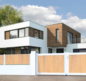 portail battant PVC bois cadre blanc